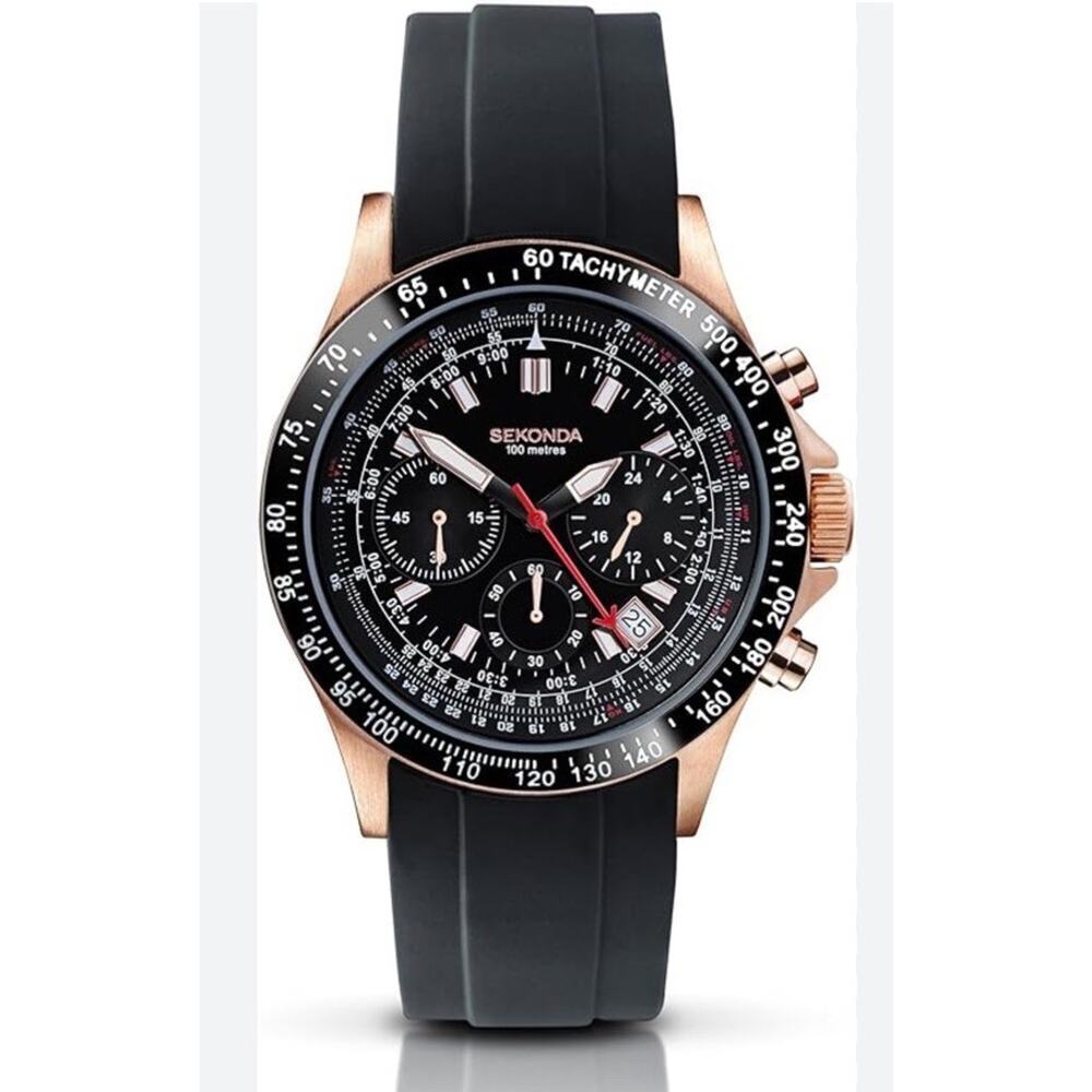 Sekonda 30063 Chronograph Watch Black Gold Leather Strap